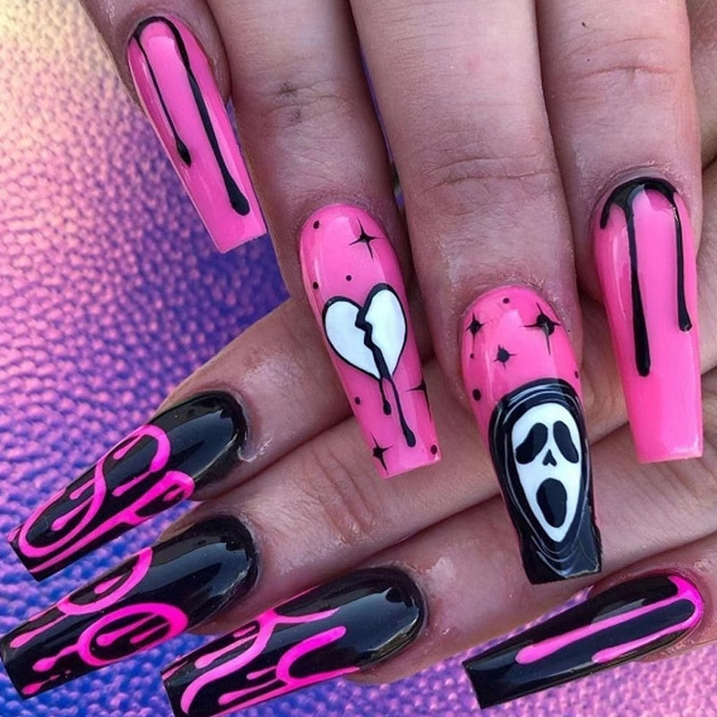 Xpoko Halloween Nail 24Pcs Halloween False Nails Black Pink Ghost Long Ballet Fake Nails With Heart Blood Design Press On Nails Full Cover Nail Tips