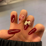 24pcs/Box Detachable Coffin False Nails Red Heart Design Wearable Long Ballerina Fake Nail with Bow Almond Line Full Cover Nail