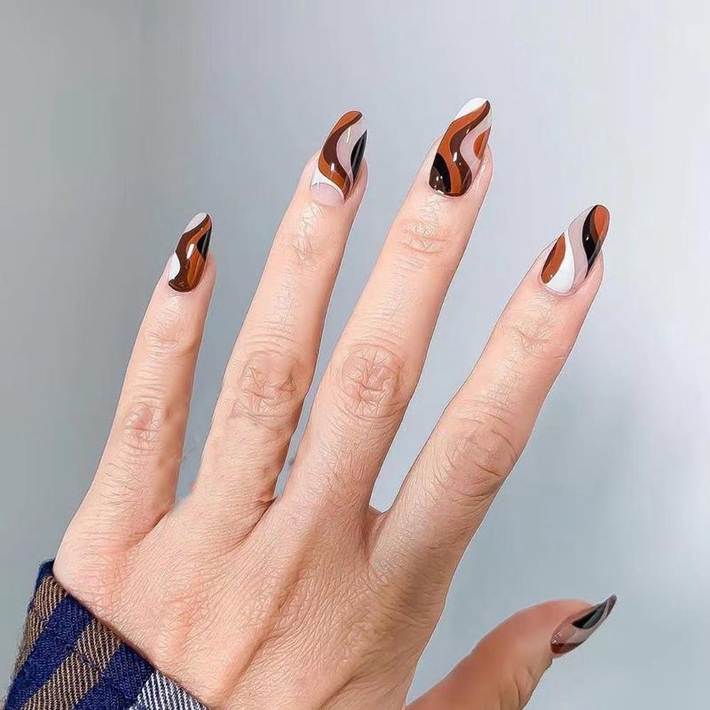 Xpoko 24Pcs Black Brown Abstract Lines Almond False Nails Full Cover Artificial Graffiti Fake Nails Women Wearable Press On Manicure