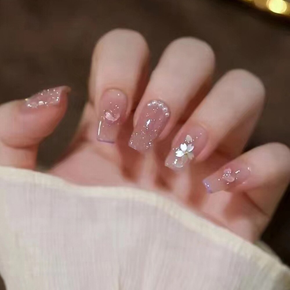 Xpoko Fall nails Barbie nails Christmas nails Gradient Blue False Nails French Long Press On Nails with Shiny Diamond Decor Fake Nails for Lady Bride Manicure Salon DIY Art