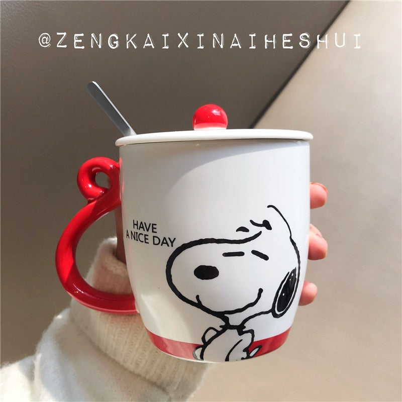 Xpoko 400ML Snoopyed Spike Kawaii Mug Milk Breakfast Cereal Mug Ceramic Mug With Ceramic Lid Steel Spoon Large Capacity Mug