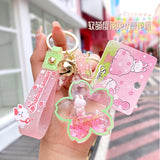 Back to School Creative Floating Cherry Blossoms Rabbit Keychain Liquid Oil Rabbit Moving Milk Tea Cup Acrylic Keyring Quicksand Key Chain Gift