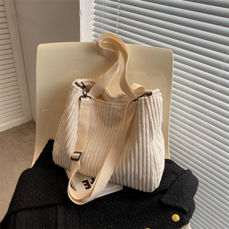 Xpoko 2023 Hot Sale Women's Bags Solid  Corduroy Handbags for Women  Shoulder Side Bag Vintage Large Shopper Shopping Bags Zipper Tote