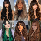 Back to School Brown Light Blonde Black Long Wavy Wig  Have Bangs Wave Heat Synthetic Fiber Natural Heat Resistance For Women Daily Wear