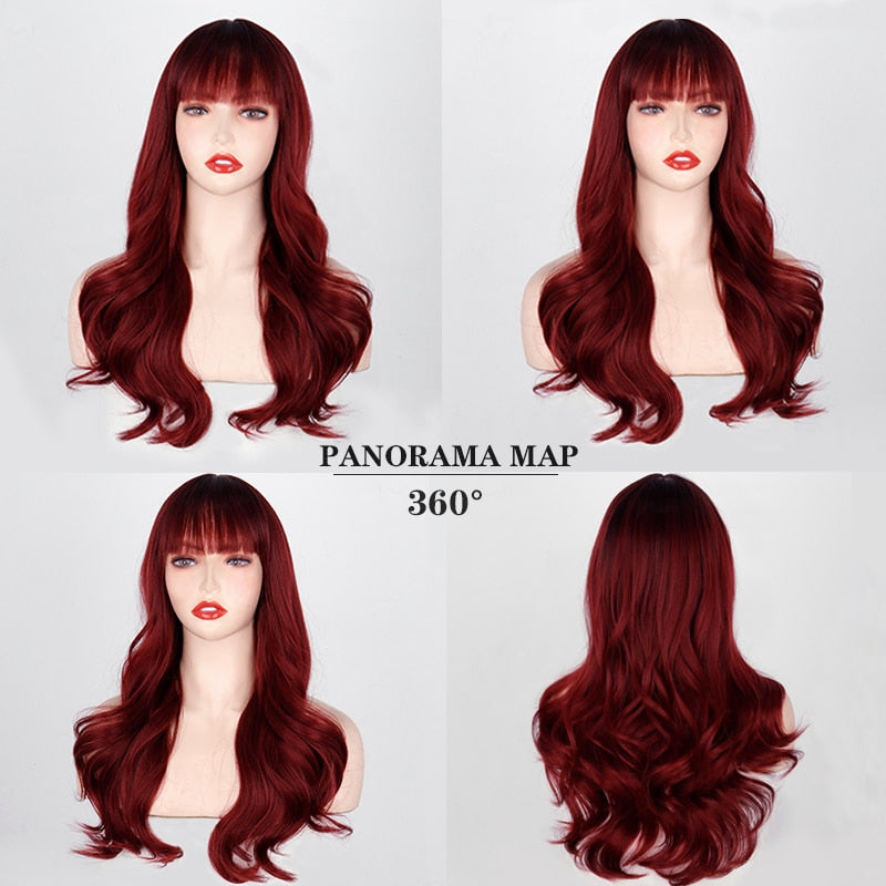 Back to School FEELSI Long Wavy Hairstyle Ombre Wine Red Wig With Bangs For  Women Cosplay Lolita Synthetic Wig High Temperature Fiber