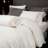 Xpoko 100% Cotton Bedding Set Luxury 4pcs White Stripe Embroidered Solid Color Hotel Duvet Cover Bed Sheet Pillowcases King Queen