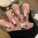 Z274 Coffin Nude Nails Set Press on with Cross Design