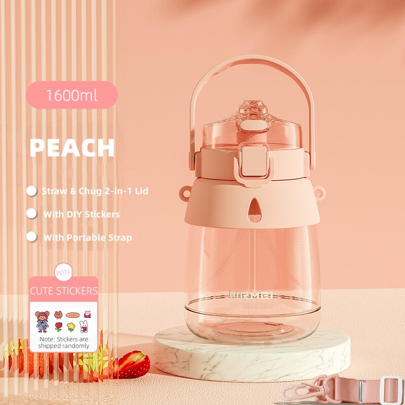 back to school 2l Kawaii Cute Water Bottle for Girls School Children with Straw Portable Strap Milk Drinking Cup Large Plastic Bottles BPA Free