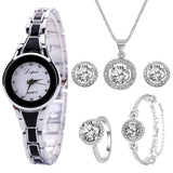 Xpoko New Luxury Ladies Watch 6Pcs Set Bracelet Necklace Earrings Rings Round Watch Full Diamond Women Watch Fashion Crystal Quartz 