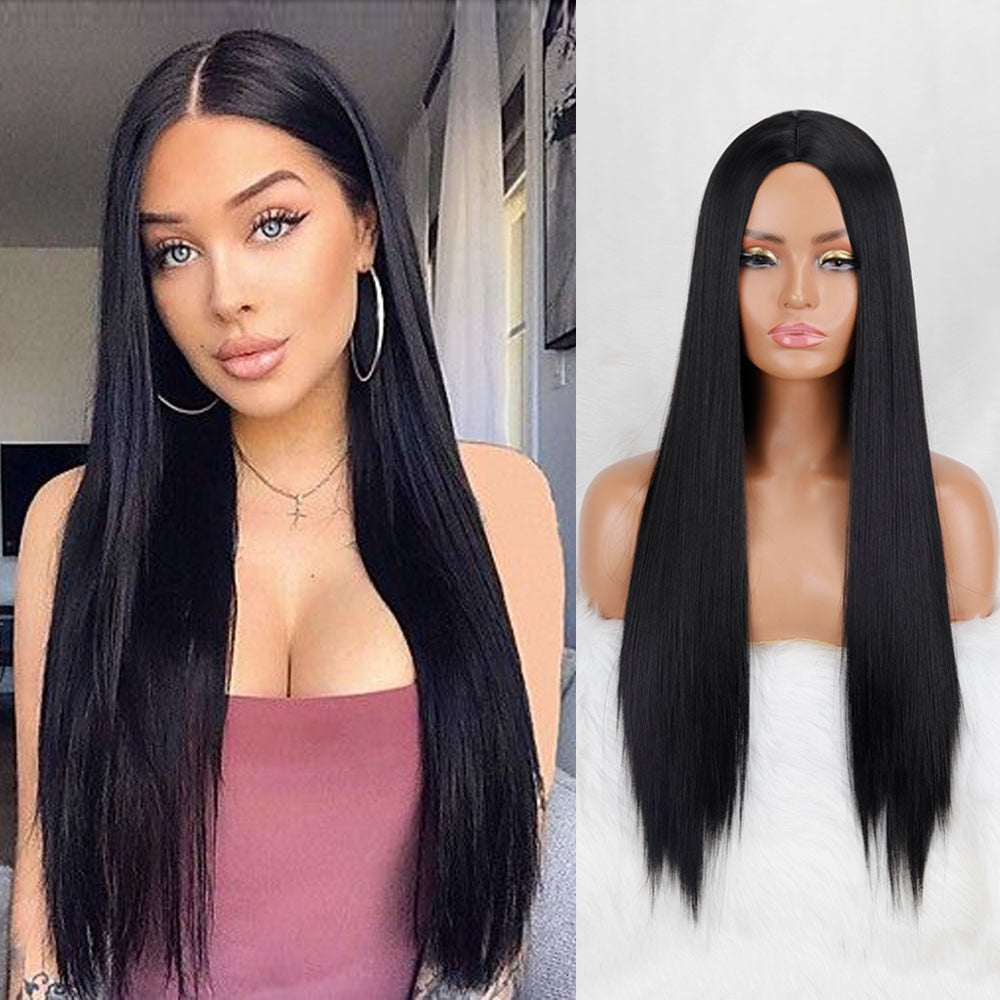 Back to School Long Straight Synthetic Wig Light Blue Ombre Wigs For Women Mixed Black And Blonde Wig Middle Part Nature Hair