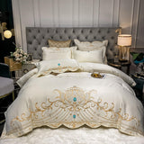 Xpoko Luxury Chic Embroidery Bedding Set Beige Satin Cotton Duvet Cover Bedspread Bed Sheet Pillowcases Solid Color Home Textile