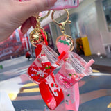 Xpoko Cartoon Oiled Strawberry Bear Keychain Milk Tea Cup Pink Floating Car Key Ring Car Keychain Gift Acrylic Couple Fashion Jewelry