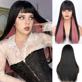 Xpoko Wig Long Straight Long Wig Bangs Mixed Black And White Wig Heat-Resistant Fiber Suitable For Women