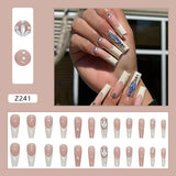 Z241 French Nails Press on XL Length False Fingernails with Rhinestones Design