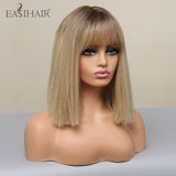 Xpoko EASIHAIR Brown Golden Women's Wigs With Bangs Medium Length Straight Hair Heat Resistant Synthetic Wigs For Women Daily Cosplay