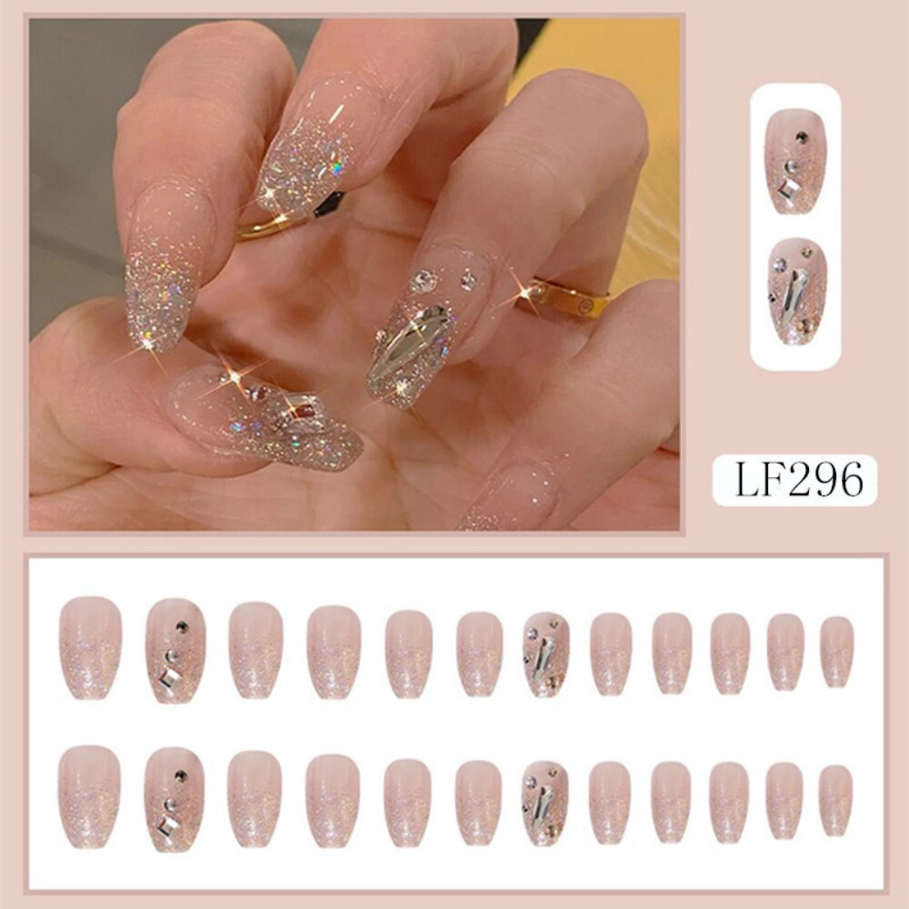 Back to school Long Ballet False Nails European and American Wearing Nail Chips Rhinestone Glitter Powder Detachable Finished Product 24pcs/box