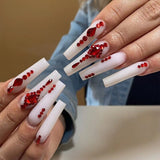 JP1609 Chinese Knot Red Diamond Design Set Press on White Nails XL Length