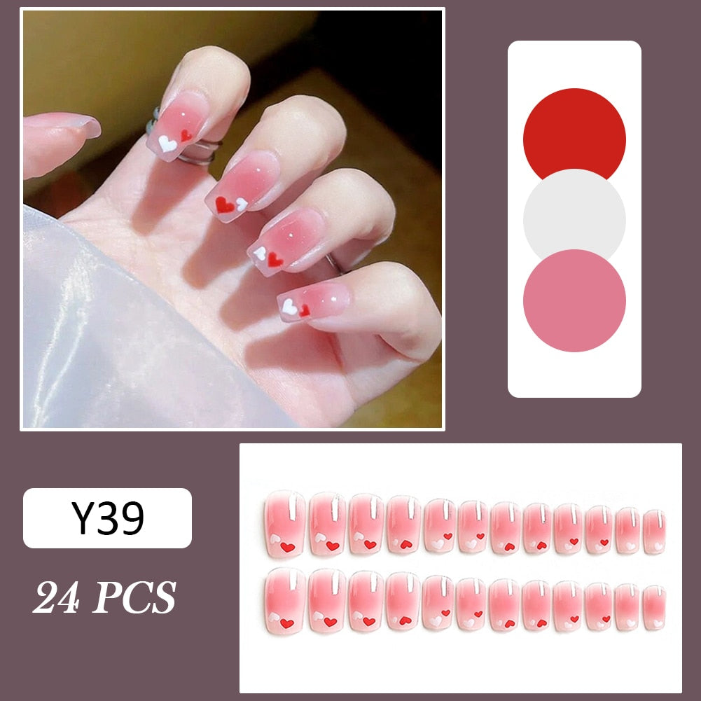 Fall nails Barbie nails Christmas nails 24Pcs Coffin Press on Nails Full Finished Deep Red False Nails Cherry Pattern Fake Nails for Women and Girls Fake Nail Patch