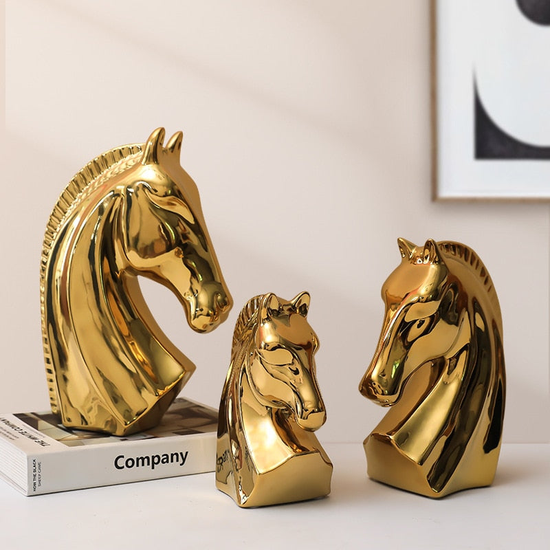 Nordic Home Decoration Ceramic Statue Golden Horse Sculpture Bookends Living Room Office Desktop Ornaments Creative Crafts