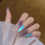 Fall nails Barbie nails Christmas nails 24pcs Shiny Crystal Ballerina Press on Nail Cat Eye False Nail Patch Full Finished Purple Blue Glitter Wearable Manicure Tips