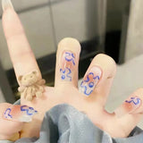 R398 Blue Flower Bown Ombre Nails Set Press on Ballerina Fingernails