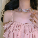 Xpoko Korean Trendy Sweet Pink Crystal Heart Necklace For Women Girls Elegant Zircon Snake Chain Choker Collares Jewelry
