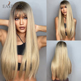 Xpoko EASIHAIR Long Straight Wine Red Synthetic Wigs With Bang For Women Heat Resistant Natural Hair For Daily Halloween Cosplay Party