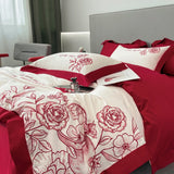 Xpoko Egyptian Cotton Bedding Set Red Flowers Embroidery Duvet Cover Soft Bed Sheet Pillowcases Bed Sets Home Textile Queen King Size