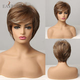 Xpoko EASIHAIR Short Bob Brown Synthetic Wigs With Bang Layered Straight Natural Hairs For Women Daily Cosplay Heat Resiatant Fibers