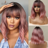 Xpoko EASIHAIR Medium Water Wave Synthetic Wigs With Bangs Wine Red Bob Curly Hair Wigs For Women Heat Resistant Fiber Daily Cosplay