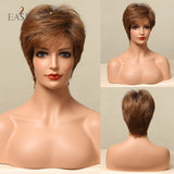 Xpoko EASIHAIR Short Bob Brown Synthetic Wigs With Bang Layered Straight Natural Hairs For Women Daily Cosplay Heat Resiatant Fibers