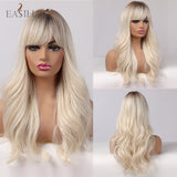 Xpoko EASIHAIR Platinum Blonde Wavy Wigs With Bangs Natural Heat Resistant Long Hairs With Dark Root For Women Daily Party Cosplay