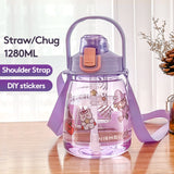 back to school Large Capacity Tritan Plastic Water Bottles for Summer Sports with straw Kawaii Cups with Cute Stickers for Girls Child BPA Free
