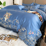 Blue Satin Cotton Bedding Set Europe Flowers Embroidery Duvet Cover Solid Color Bedspread Sheet Pillowcases Home Textile