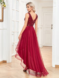 Xpoko Elegant Women V-Neck Sleeveless Sequin Floor Length Formal Evening Dress 2023 Red Prom Wedding Party Cocktail Dress