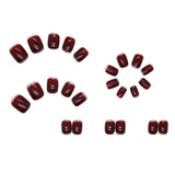 Xpoko 24Pcs Shiny Short Square False Nail With Sticker Wine Red Classic French Artificial Fake Nails DIY Full Cover Tips Manicure Tool