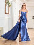 Xpoko Luxury Sexy Evening Celebrity Dresses 2023 Ruched Side Slit Straps Ribbons Backless Long Satin Party Cocktail Gowns
