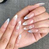 W111 White French Almond Nails Press on Set with Design2022525