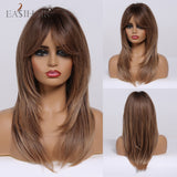 Xpoko EASIHAIR Brown Golden Women's Wigs With Bangs Medium Length Straight Hair Heat Resistant Synthetic Wigs For Women Daily Cosplay