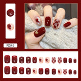 Xpoko Wine Red Checkerboard Fake Nails Art Nail Tips Press On False Nail Set Full Cover Artificial Short Head 24Pcs/Pack