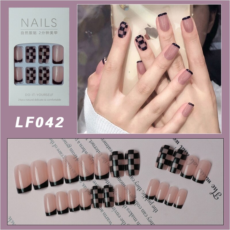 Back to school 24pcs/box Finished Powder Blusher Hand Worn Nail Enhancement Patch Short French False Nail Patch Detachable and Reusable