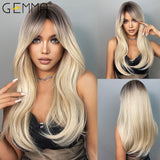 Synthetic Wig Long Wave Ombre Brown White Blonde Wavy Wigs With Bangs For Women Party Cosplay Heat Resistant Fiber Hair