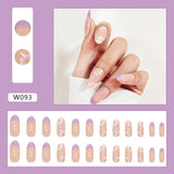 W093 Purple French Nails Set Press on with Flower Dsign