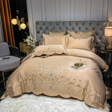 Xpoko Luxury Chic Embroidery Bedding Set Beige Satin Cotton Duvet Cover Bedspread Bed Sheet Pillowcases Solid Color Home Textile