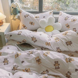Xpoko back to school Korean Style Bedding Set Boys Girls Twin Queen Size Duvet Cover Flat Sheet Pillowcase Bed Linen Kids Adult Fashion Home Textile