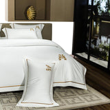 Xpoko High-end Hotel Bedding Set Luxury Gold Stripe Embroidery White Egyptian Cotton Duvet Cover Bed Sheet Pillowcases Home Textile