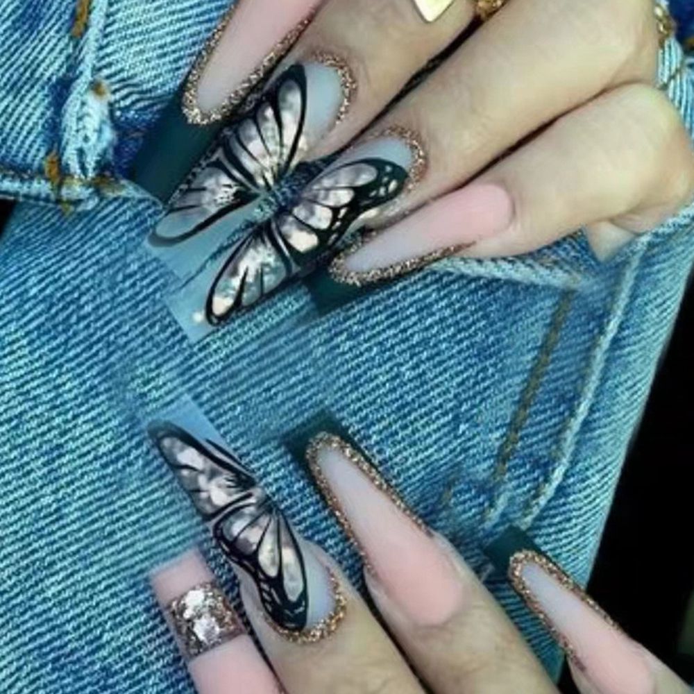 Xpoko 24Pcs/Box Detachable Golden Butterfly Pattern Coffin False Nails Wearable French Ballerina Fake Nails Full Cover Nail Tips