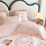 Xpoko High End Rose Flowers Embroidery Duvet Cover Set Luxury Pink/Beige Egyptian Cotton Princess Bedding Bed Sheet Pillowcases