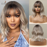 Xpoko EASIHAIR Medium Water Wave Synthetic Wigs With Bangs Wine Red Bob Curly Hair Wigs For Women Heat Resistant Fiber Daily Cosplay