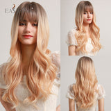 Xpoko EASIHAIR Platinum Blonde Wavy Wigs With Bangs Natural Heat Resistant Long Hairs With Dark Root For Women Daily Party Cosplay